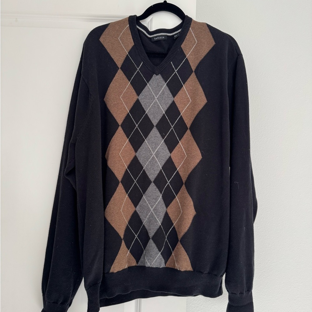 VAN HEUSEN men’s navy blue argyle print v-neck knit sweater size XXL